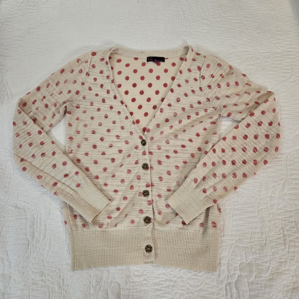 T/O Cardigan Cream Pink Polka Dot Burn Out Knit Distressed Romantic Small‎